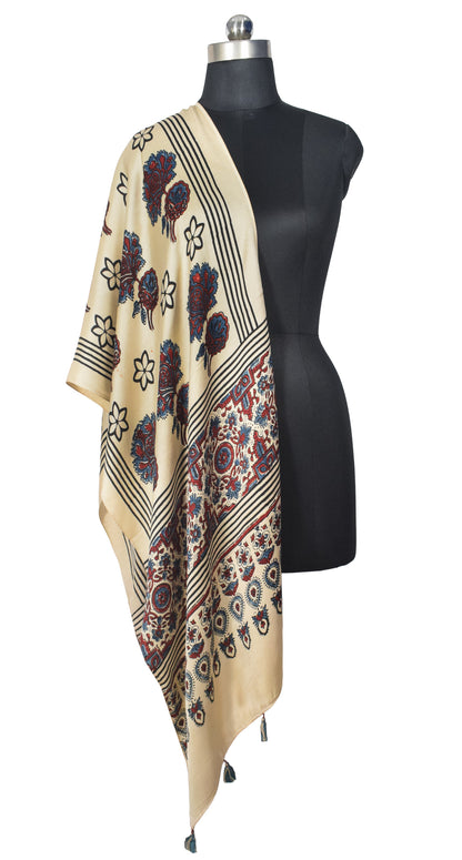 Ajrakh Modal Silk Natural Dye Hand Block Print Stole With Tassels - 2 Mtr Length   -  SKU : EK2890AL