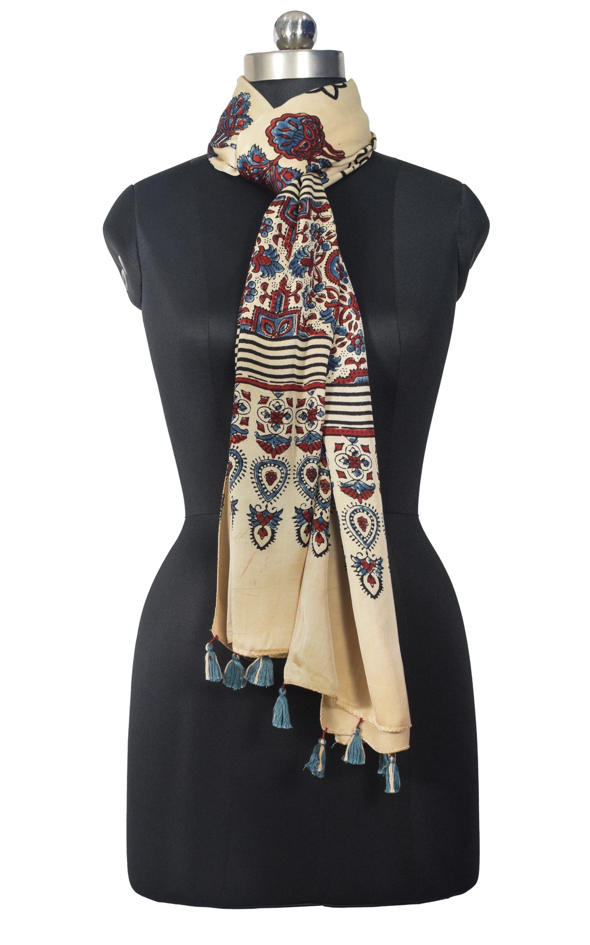 Ajrakh Modal Silk Natural Dye Hand Block Print Stole With Tassels - 2 Mtr Length   -  SKU : EK2890AL
