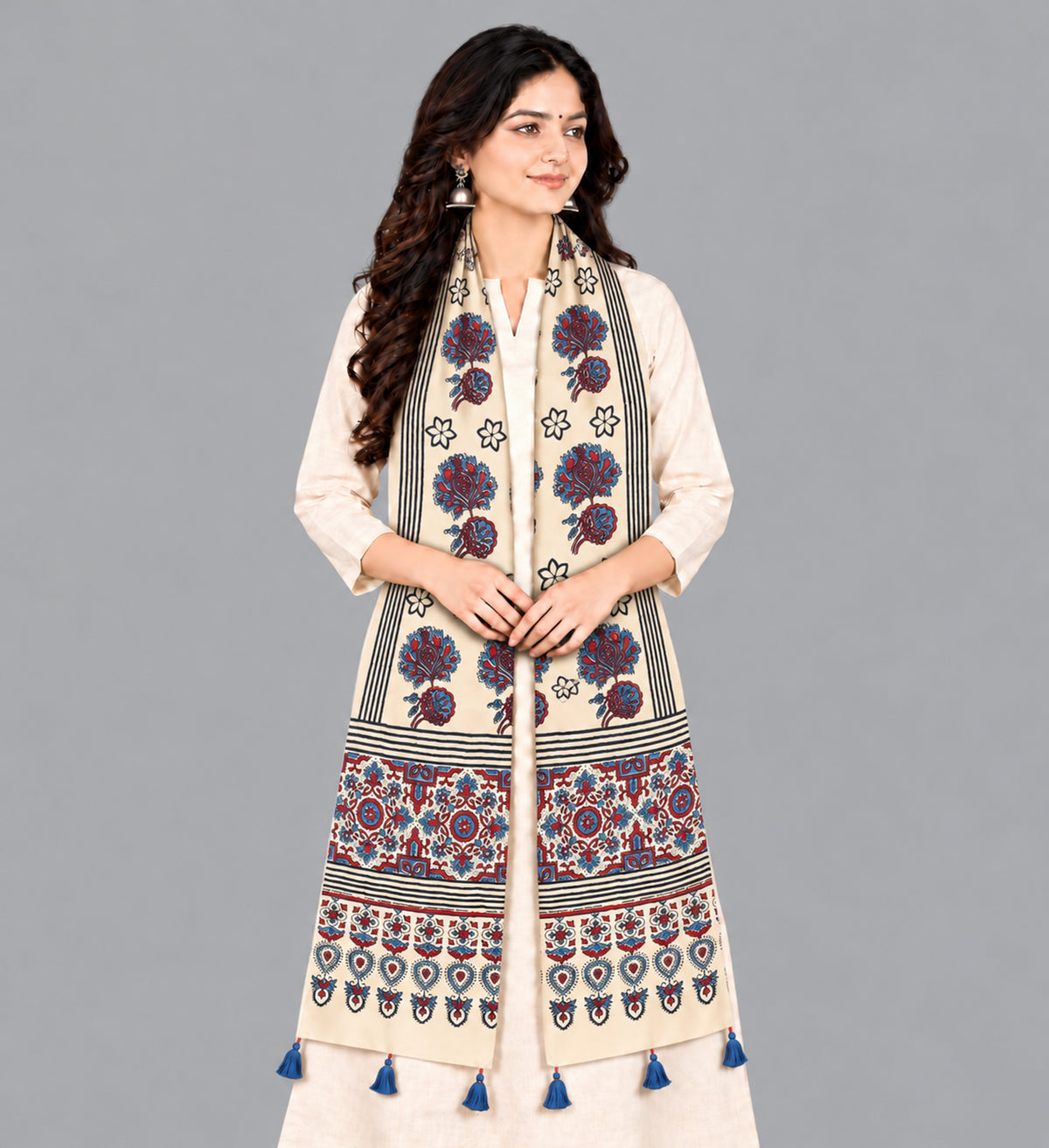 Ajrakh Modal Silk Natural Dye Hand Block Print Stole With Tassels - 2 Mtr Length   -  SKU : EK2890AL