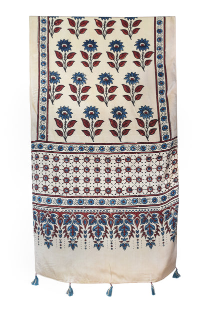 Ajrakh Modal Silk Natural Dye Hand Block Print Stole With Tassels - 2 Mtr Length   -  SKU : EK2890AM
