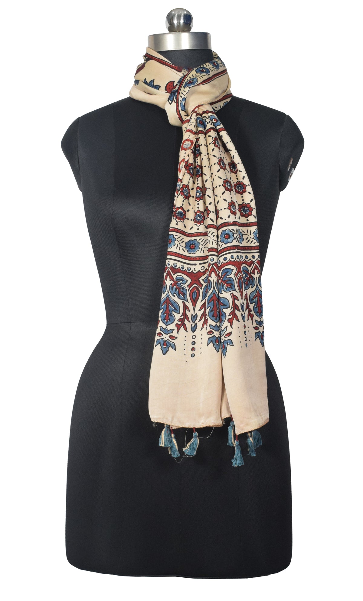 Ajrakh Modal Silk Natural Dye Hand Block Print Stole With Tassels - 2 Mtr Length   -  SKU : EK2890AM