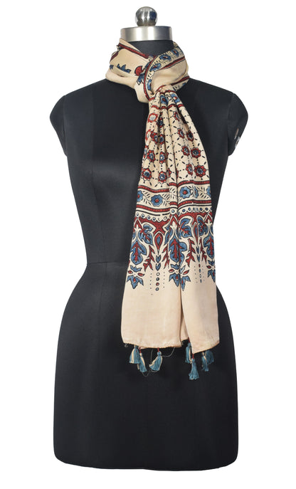 Ajrakh Modal Silk Natural Dye Hand Block Print Stole With Tassels - 2 Mtr Length   -  SKU : EK2890AM
