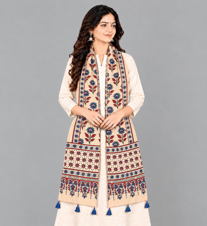 Ajrakh Modal Silk Natural Dye Hand Block Print Stole With Tassels - 2 Mtr Length   -  SKU : EK2890AM