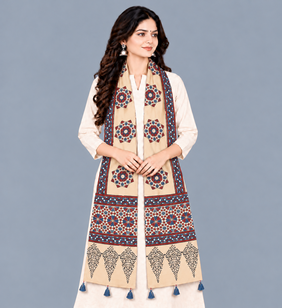 Ajrakh Modal Silk Natural Dye Hand Block Print Stole With Tassels - 2 Mtr Length   -  SKU : EK2890AN