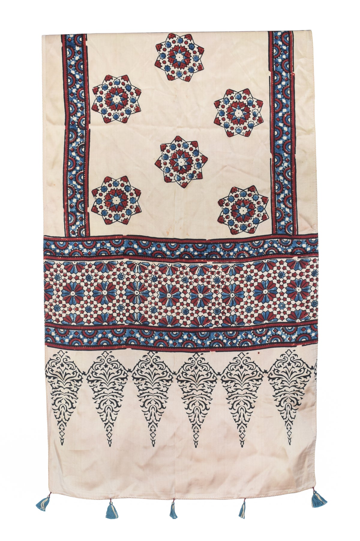 Ajrakh Modal Silk Natural Dye Hand Block Print Stole With Tassels - 2 Mtr Length   -  SKU : EK2890AN