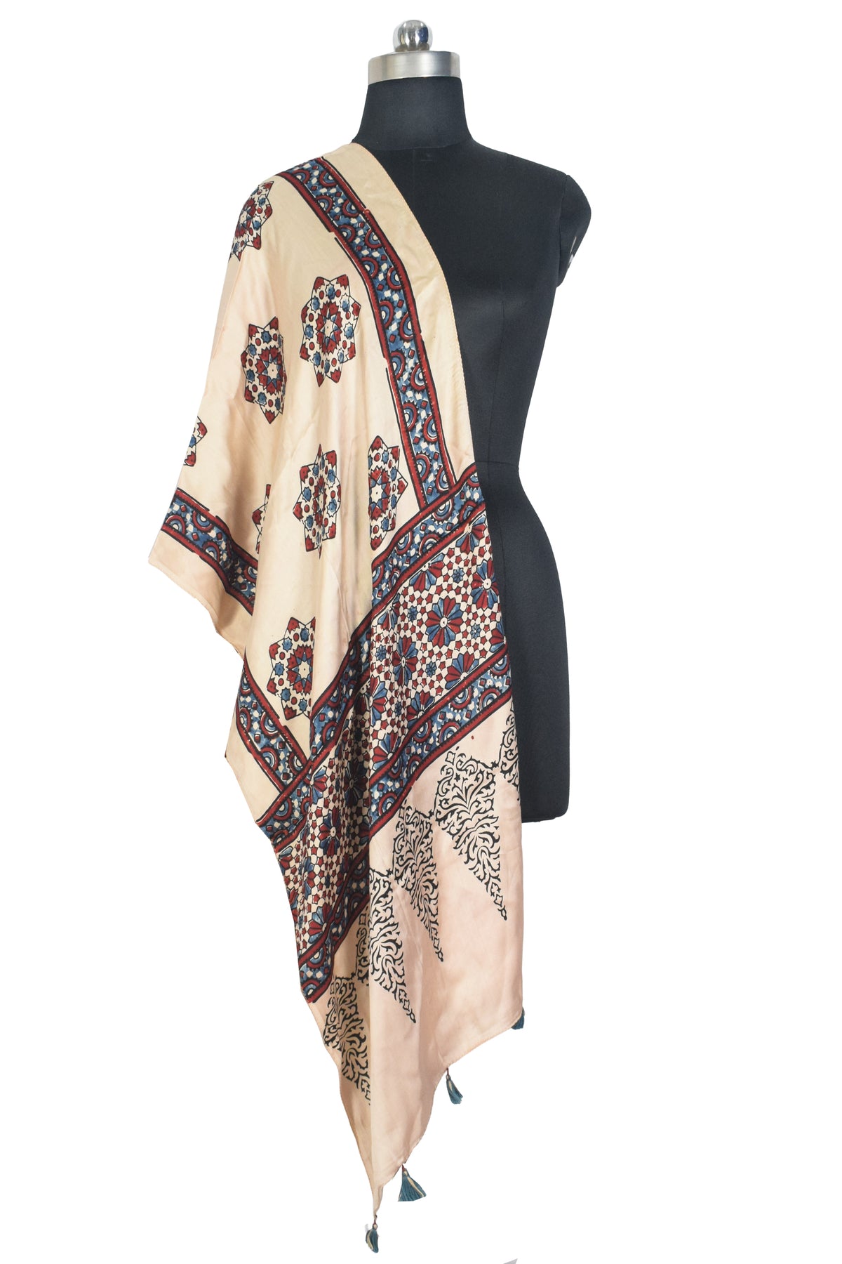 Ajrakh Modal Silk Natural Dye Hand Block Print Stole With Tassels - 2 Mtr Length   -  SKU : EK2890AN