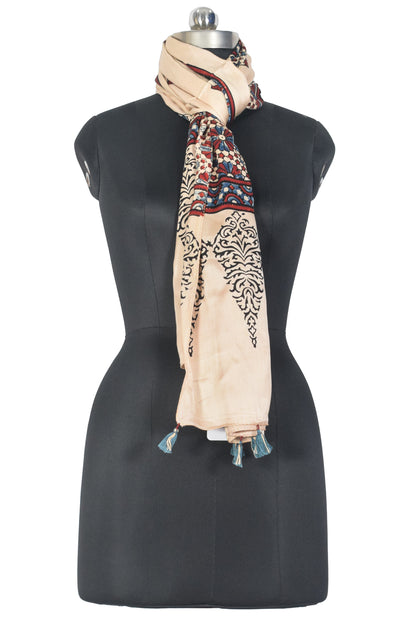 Ajrakh Modal Silk Natural Dye Hand Block Print Stole With Tassels - 2 Mtr Length   -  SKU : EK2890AN