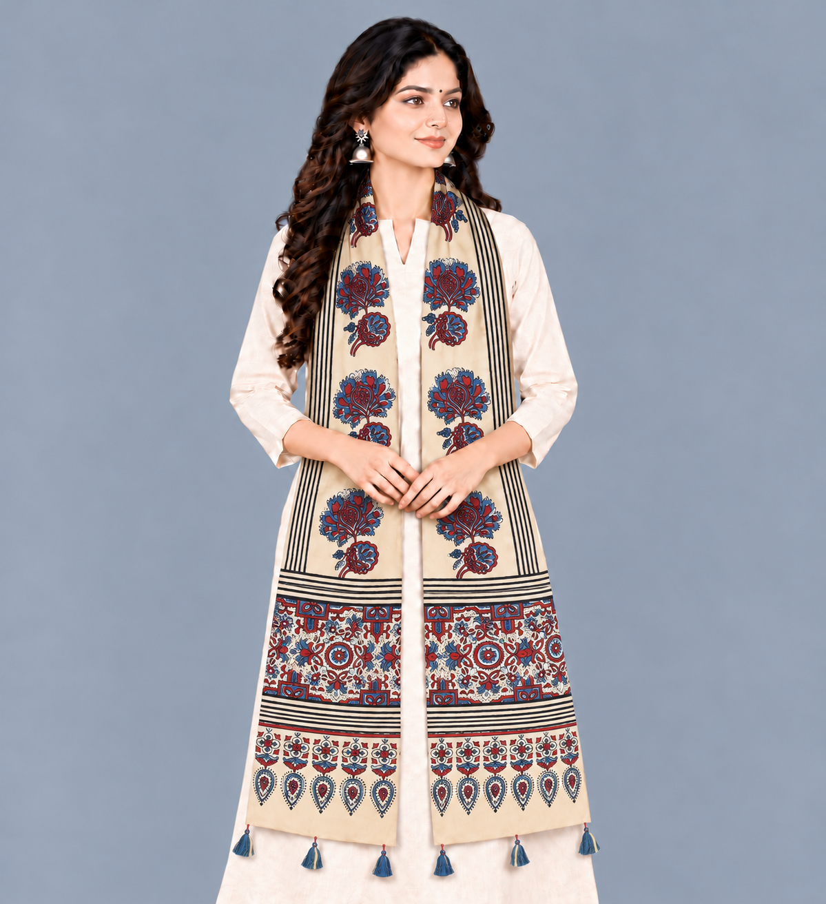 Ajrakh Modal Silk Natural Dye Hand Block Print Stole With Tassels - 2 Mtr Length   -  SKU : EK2890AO