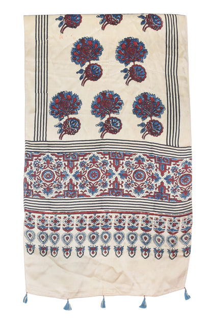 Ajrakh Modal Silk Natural Dye Hand Block Print Stole With Tassels - 2 Mtr Length   -  SKU : EK2890AO