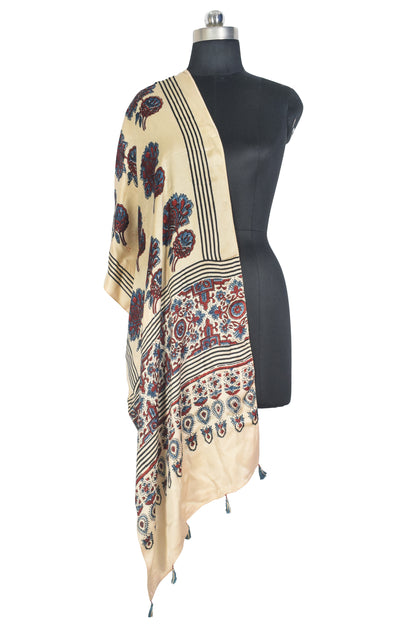 Ajrakh Modal Silk Natural Dye Hand Block Print Stole With Tassels - 2 Mtr Length   -  SKU : EK2890AO