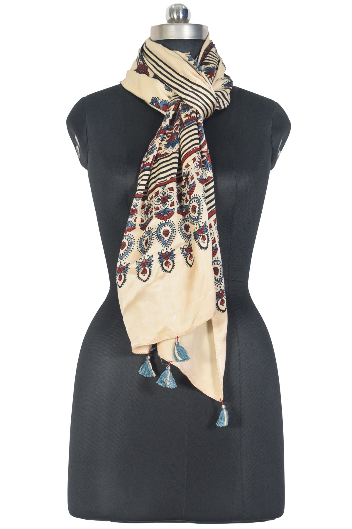 Ajrakh Modal Silk Natural Dye Hand Block Print Stole With Tassels - 2 Mtr Length   -  SKU : EK2890AO