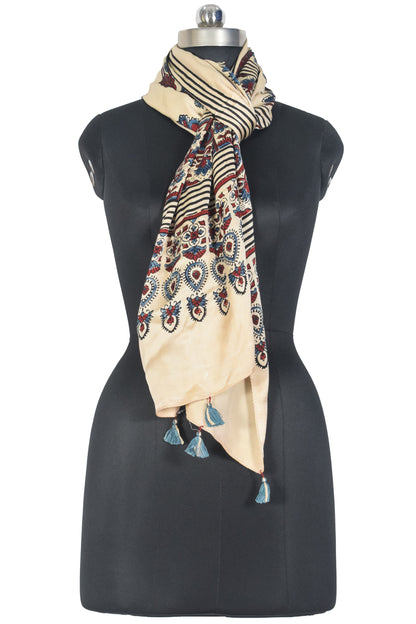 Ajrakh Modal Silk Natural Dye Hand Block Print Stole With Tassels - 2 Mtr Length   -  SKU : EK2890AO