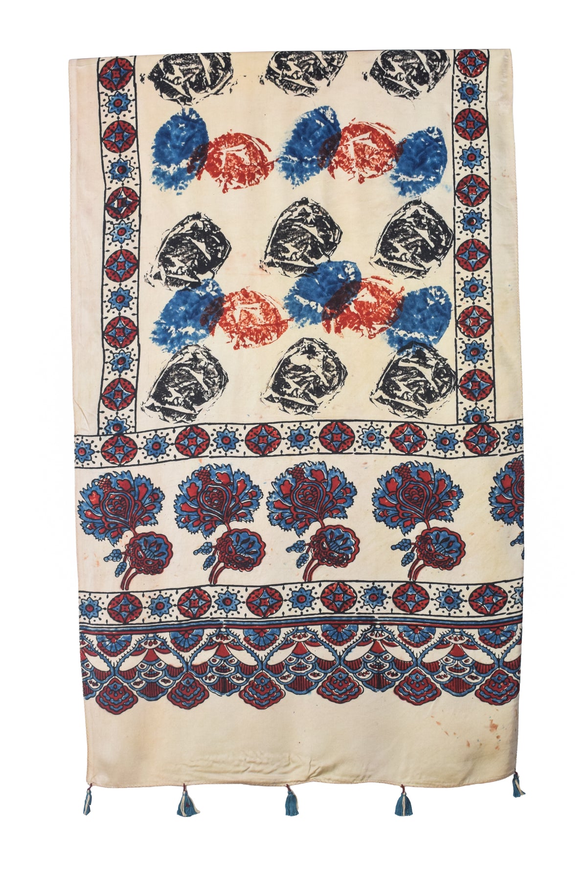 Ajrakh Modal Silk Natural Dye Hand Block Print Stole With Tassels - 2 Mtr Length   -  SKU : EK2890AP