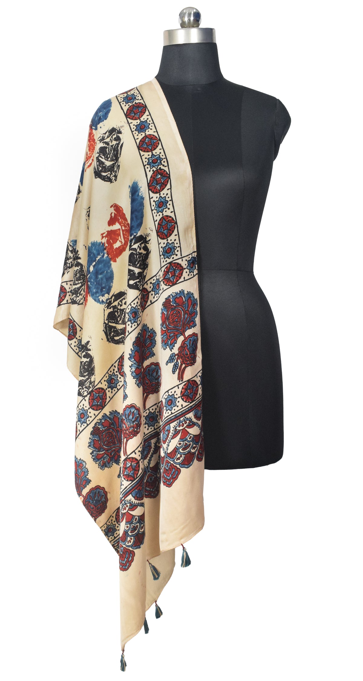 Ajrakh Modal Silk Natural Dye Hand Block Print Stole With Tassels - 2 Mtr Length   -  SKU : EK2890AP