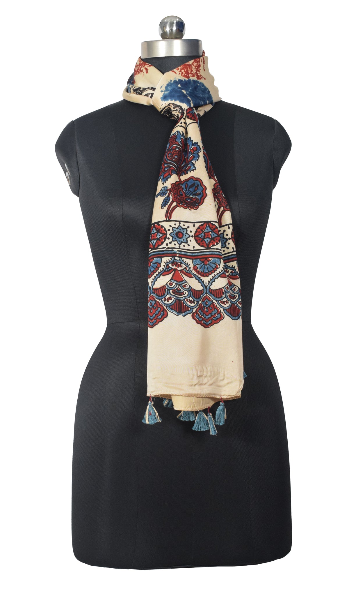 Ajrakh Modal Silk Natural Dye Hand Block Print Stole With Tassels - 2 Mtr Length   -  SKU : EK2890AP