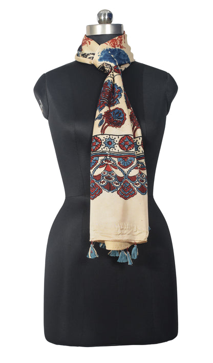 Ajrakh Modal Silk Natural Dye Hand Block Print Stole With Tassels - 2 Mtr Length   -  SKU : EK2890AP