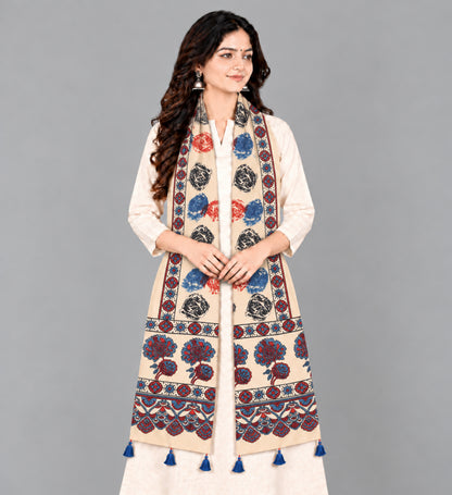 Ajrakh Modal Silk Natural Dye Hand Block Print Stole With Tassels - 2 Mtr Length   -  SKU : EK2890AP
