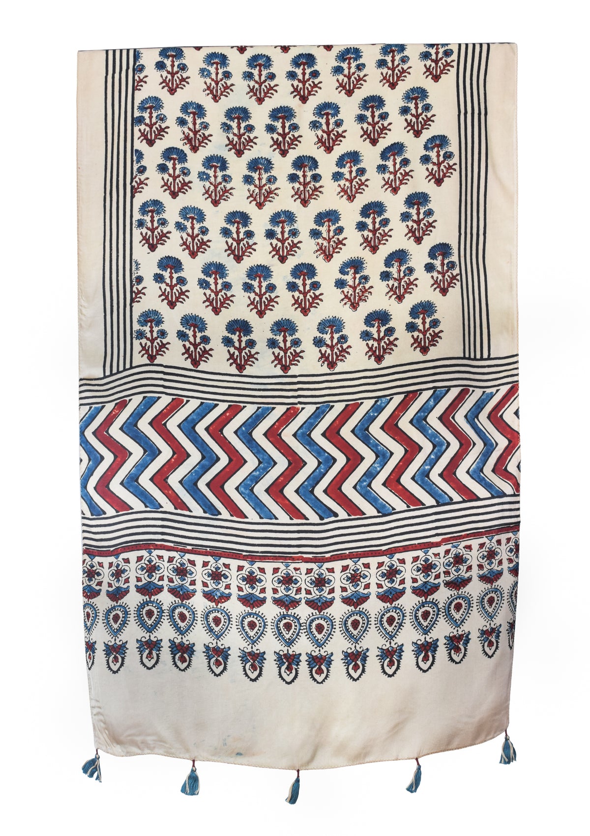 Ajrakh Modal Silk Natural Dye Hand Block Print Stole With Tassels - 2 Mtr Length   -  SKU : EK2890AQ