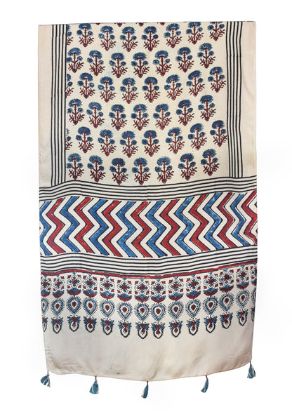 Ajrakh Modal Silk Natural Dye Hand Block Print Stole With Tassels - 2 Mtr Length   -  SKU : EK2890AQ