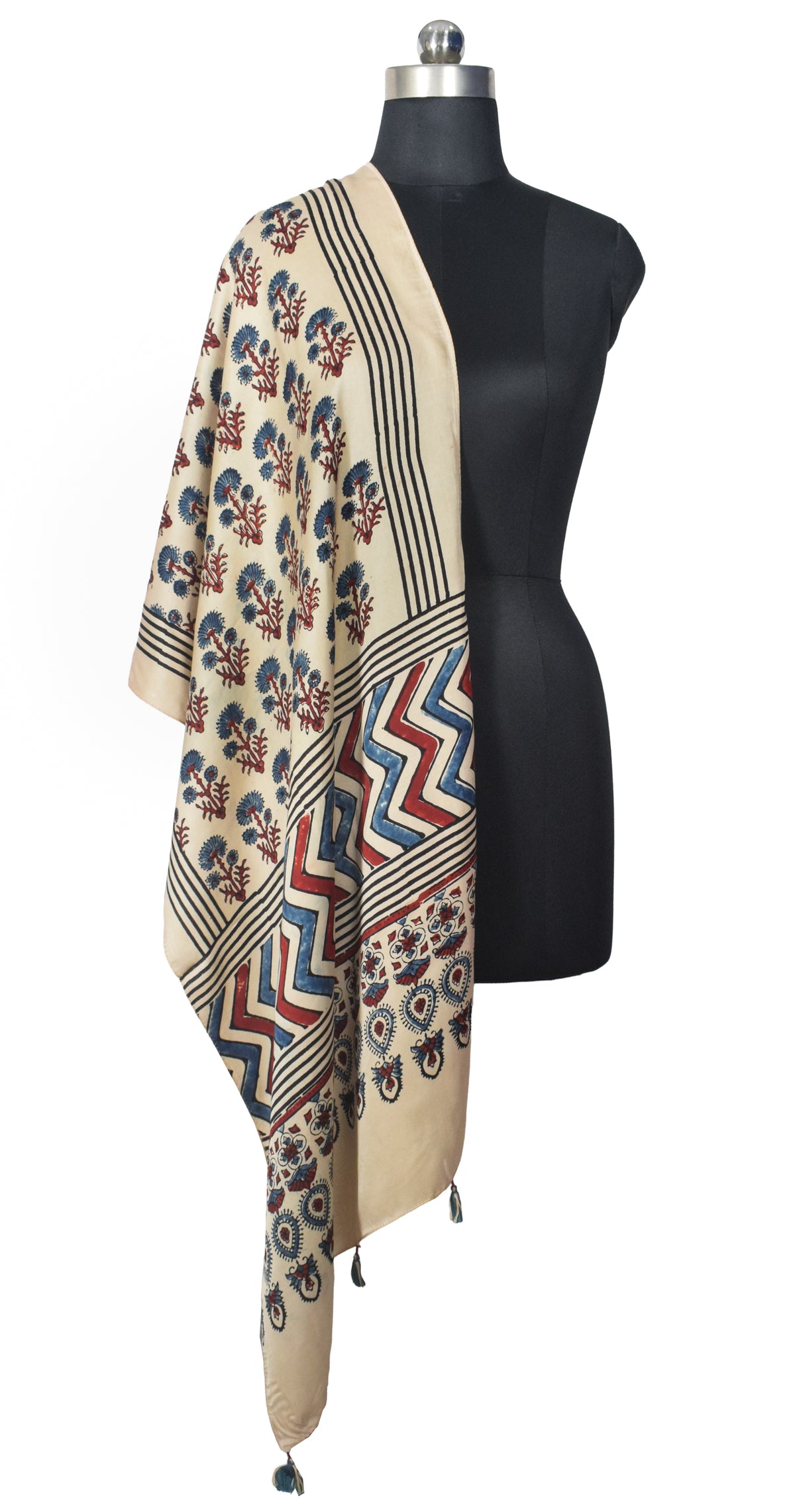 Ajrakh Modal Silk Natural Dye Hand Block Print Stole With Tassels - 2 Mtr Length   -  SKU : EK2890AQ