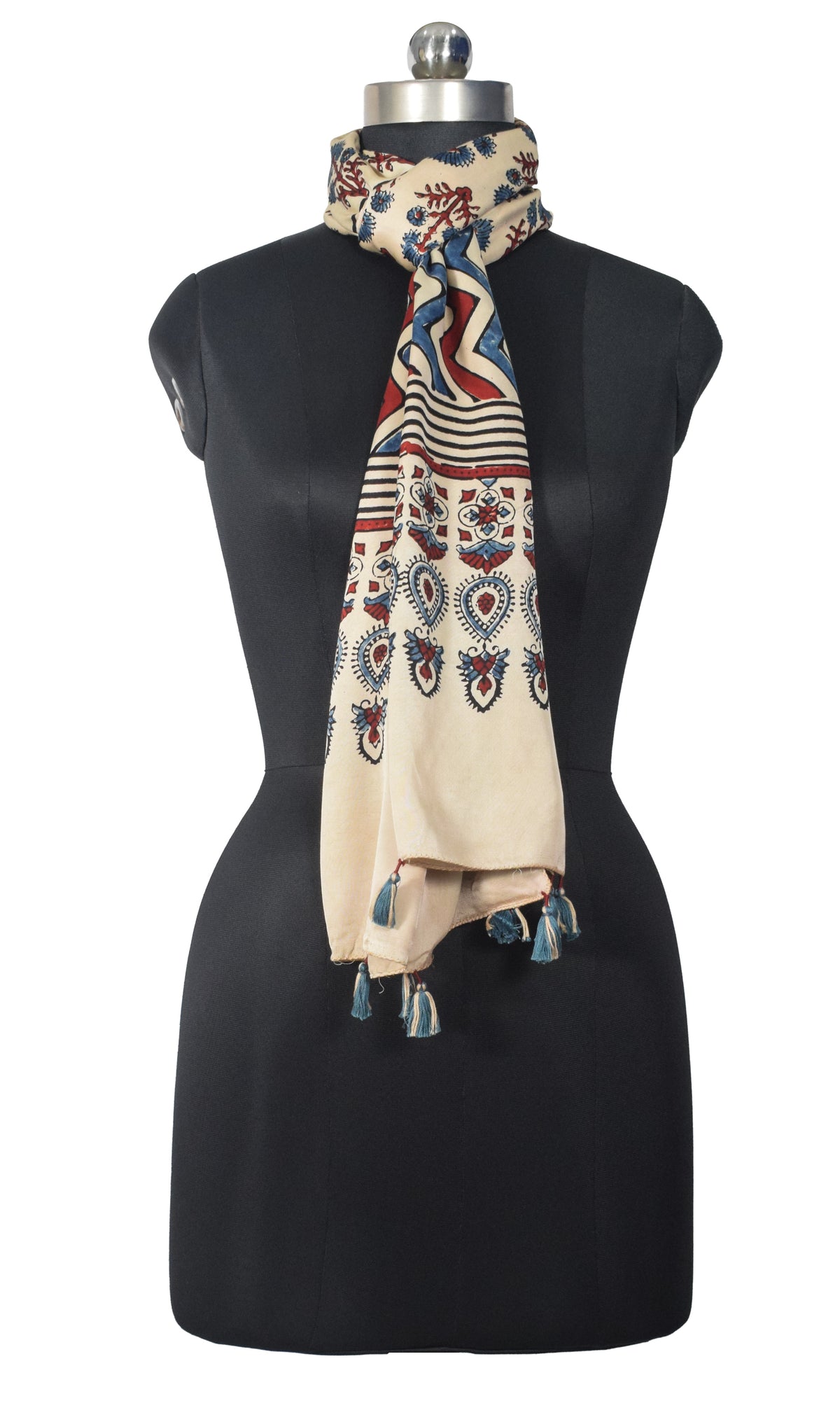 Ajrakh Modal Silk Natural Dye Hand Block Print Stole With Tassels - 2 Mtr Length   -  SKU : EK2890AQ