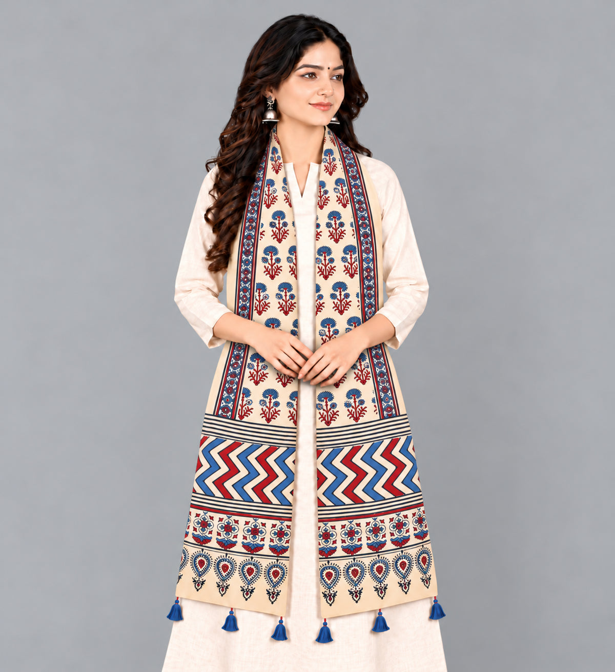 Ajrakh Modal Silk Natural Dye Hand Block Print Stole With Tassels - 2 Mtr Length   -  SKU : EK2890AQ