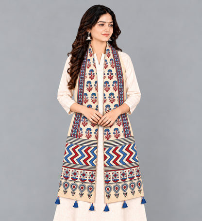 Ajrakh Modal Silk Natural Dye Hand Block Print Stole With Tassels - 2 Mtr Length   -  SKU : EK2890AQ