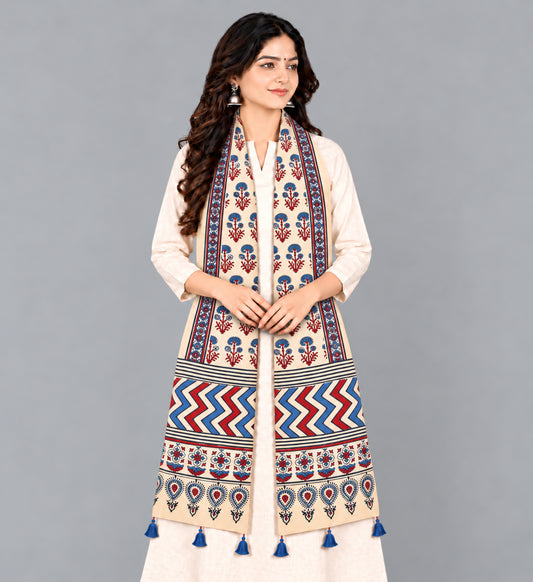 Ajrakh Modal Silk Natural Dye Hand Block Print Stole With Tassels - 2 Mtr Length   -  SKU : EK2890AQ
