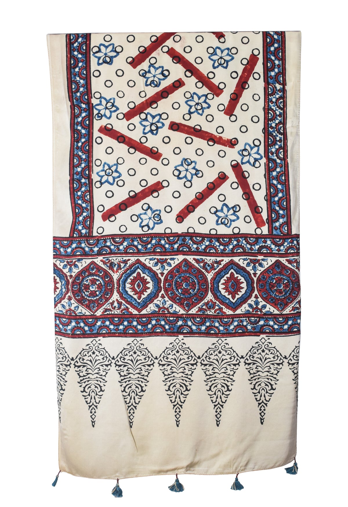 Ajrakh Modal Silk Natural Dye Hand Block Print Stole With Tassels - 2 Mtr Length   -  SKU : EK2890AR