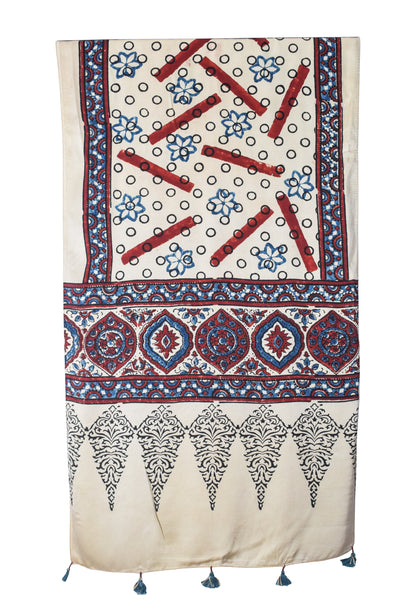 Ajrakh Modal Silk Natural Dye Hand Block Print Stole With Tassels - 2 Mtr Length   -  SKU : EK2890AR
