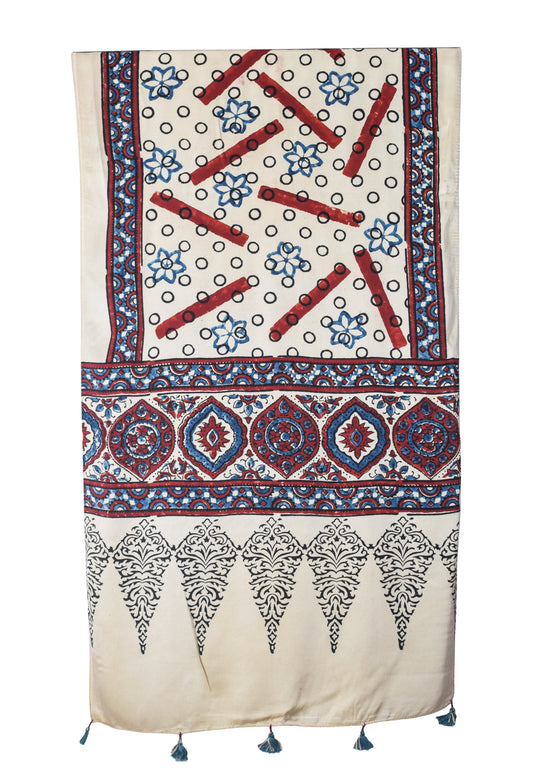 Ajrakh Modal Silk Natural Dye Hand Block Print Stole With Tassels - 2 Mtr Length   -  SKU : EK2890AR