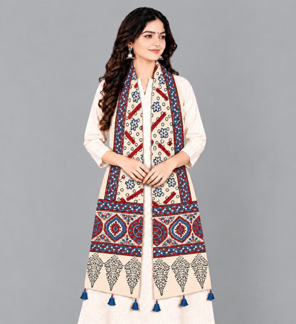 Ajrakh Modal Silk Natural Dye Hand Block Print Stole With Tassels - 2 Mtr Length   -  SKU : EK2890AR