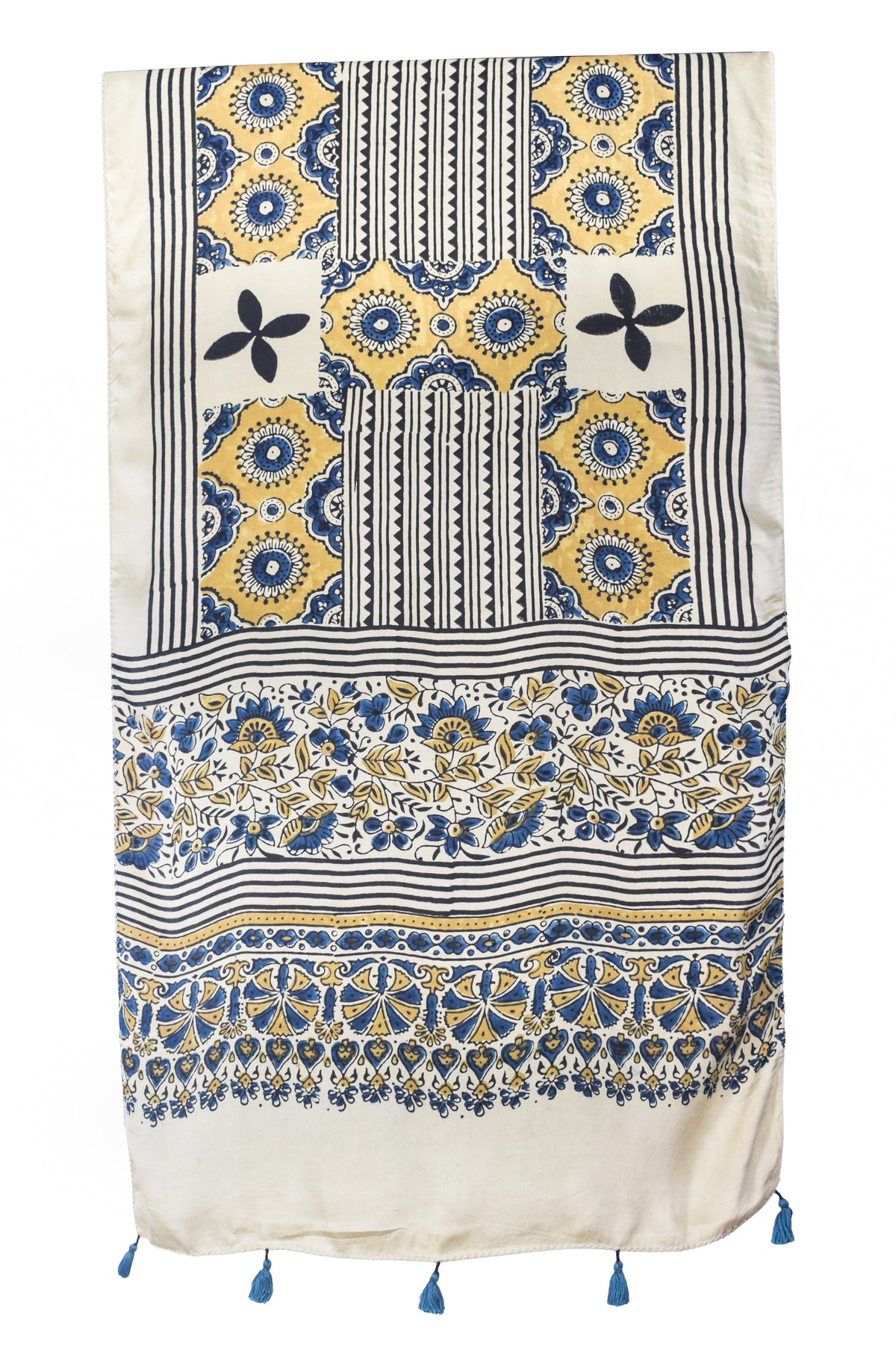 Ajrakh Modal Silk Natural Dye Hand Block Print Stole With Tassels - 2 Mtr Length   -  SKU : EK28901E