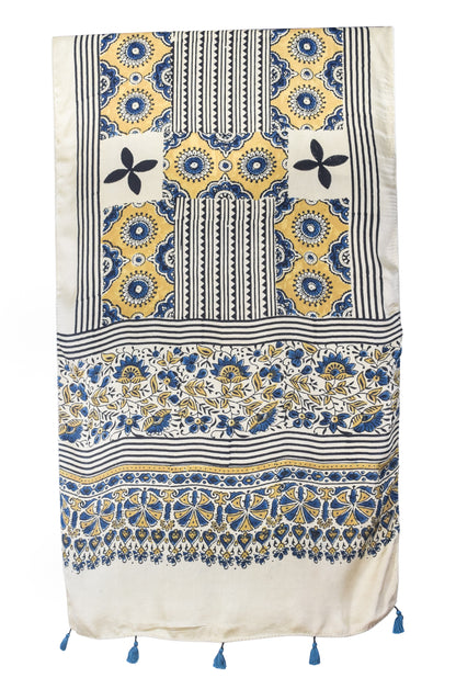 Ajrakh Modal Silk Natural Dye Hand Block Print Stole With Tassels - 2 Mtr Length   -  SKU : EK28901E
