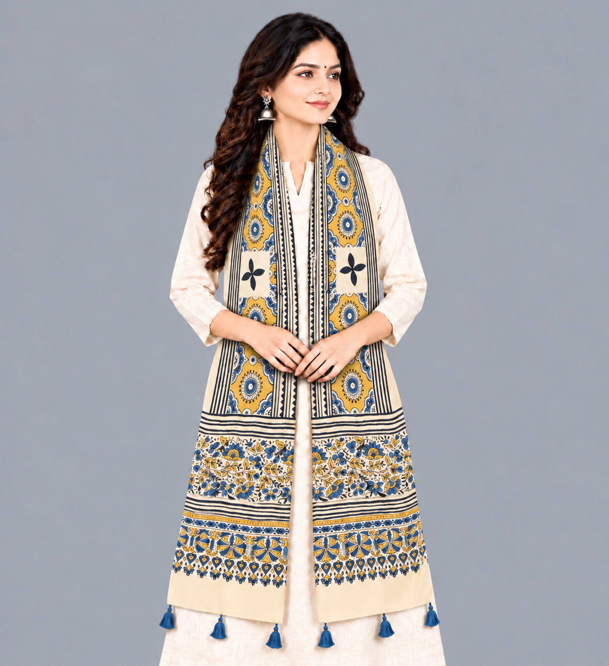 Ajrakh Modal Silk Natural Dye Hand Block Print Stole With Tassels - 2 Mtr Length   -  SKU : EK28901E