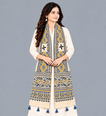 Ajrakh Modal Silk Natural Dye Hand Block Print Stole With Tassels - 2 Mtr Length   -  SKU : EK28901E