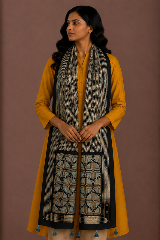 Ajrakh Modal Silk Natural Dye Hand Block Print Stole With Tassels - 2 Mtr Length    -  SKU : AI26901A