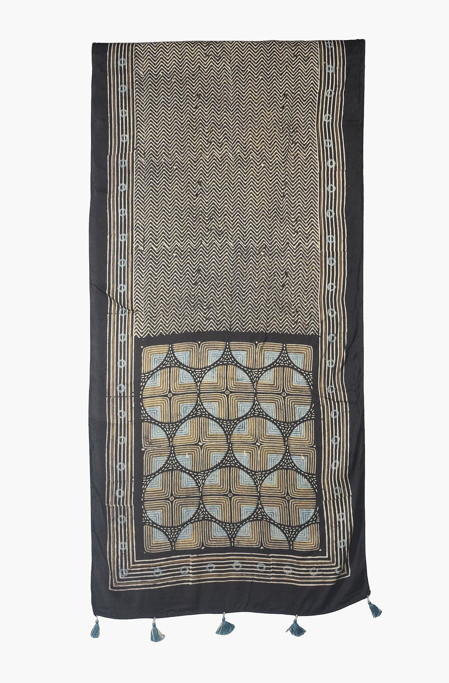 Ajrakh Modal Silk Natural Dye Hand Block Print Stole With Tassels - 2 Mtr Length    -  SKU : AI26901A