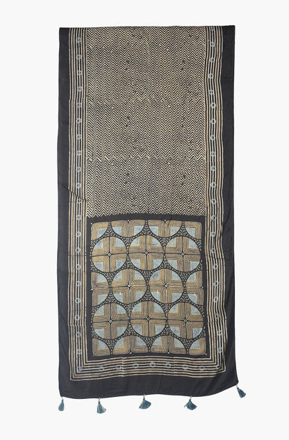 Ajrakh Modal Silk Natural Dye Hand Block Print Stole With Tassels - 2 Mtr Length    -  SKU : AI26901A