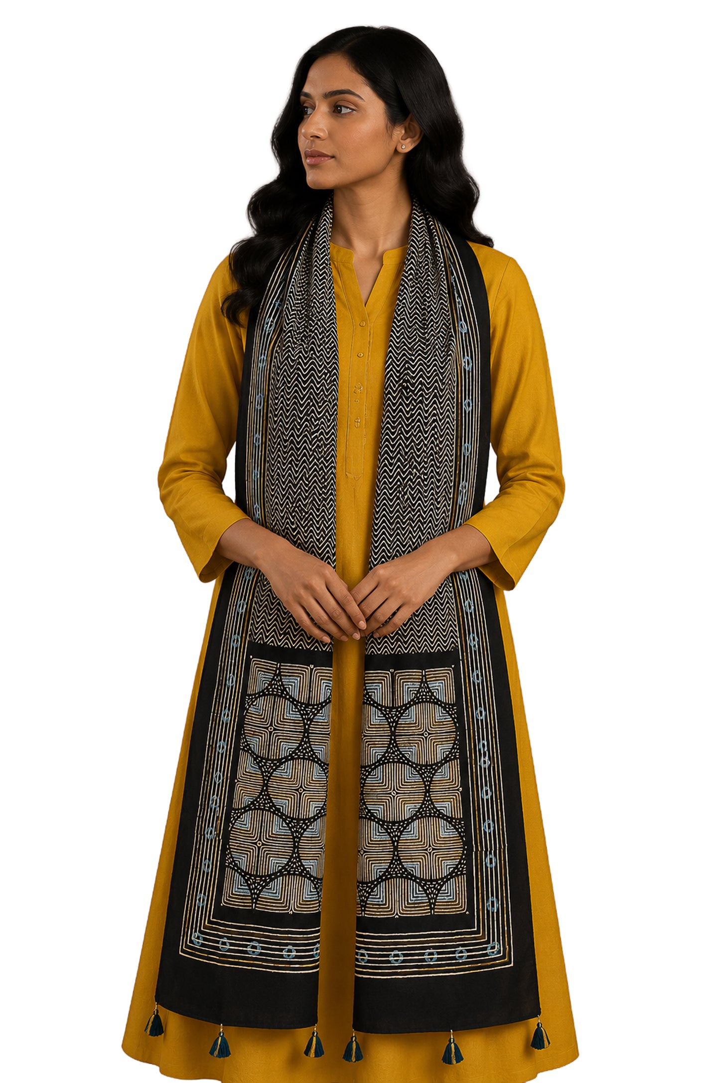 Ajrakh Modal Silk Natural Dye Hand Block Print Stole With Tassels - 2 Mtr Length    -  SKU : AI26901A