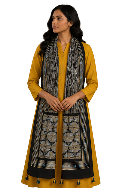 Ajrakh Modal Silk Natural Dye Hand Block Print Stole With Tassels - 2 Mtr Length    -  SKU : AI26901A