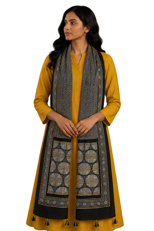 Ajrakh Modal Silk Natural Dye Hand Block Print Stole With Tassels - 2 Mtr Length    -  SKU : AI26901A