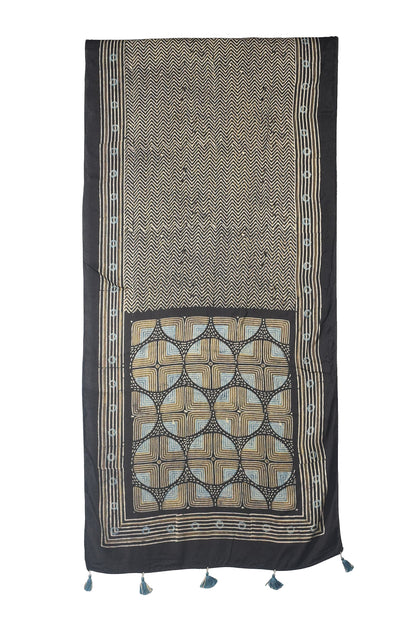 Ajrakh Modal Silk Natural Dye Hand Block Print Stole With Tassels - 2 Mtr Length    -  SKU : AI26901A