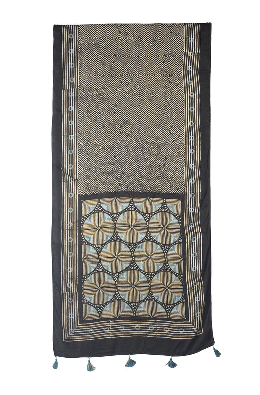 Ajrakh Modal Silk Natural Dye Hand Block Print Stole With Tassels - 2 Mtr Length    -  SKU : AI26901A