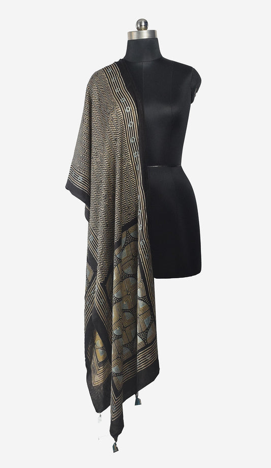 Ajrakh Modal Silk Natural Dye Hand Block Print Stole With Tassels - 2 Mtr Length    -  SKU : AI26901A