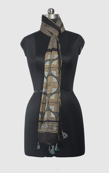 Ajrakh Modal Silk Natural Dye Hand Block Print Stole With Tassels - 2 Mtr Length    -  SKU : AI26901A