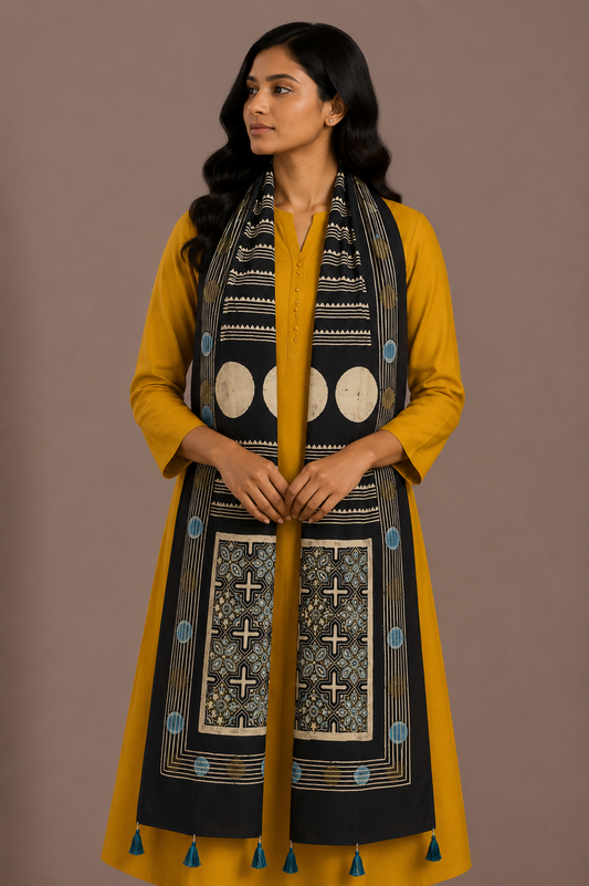 Ajrakh Modal Silk Natural Dye Hand Block Print Stole With Tassels - 2 Mtr Length    -  SKU : AI26901B