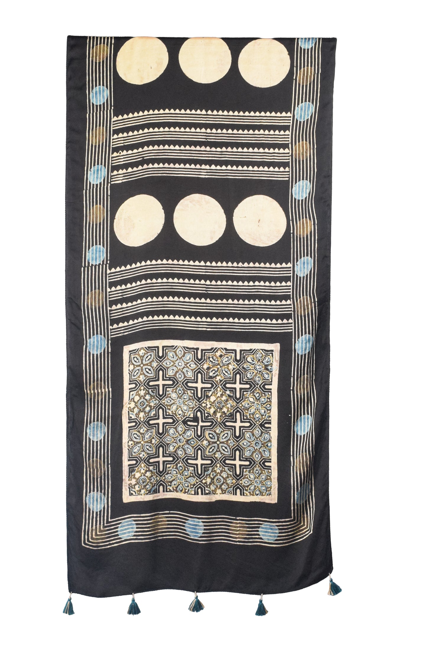 Ajrakh Modal Silk Natural Dye Hand Block Print Stole With Tassels - 2 Mtr Length    -  SKU : AI26901B