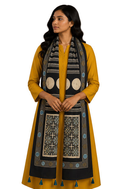 Ajrakh Modal Silk Natural Dye Hand Block Print Stole With Tassels - 2 Mtr Length    -  SKU : AI26901B