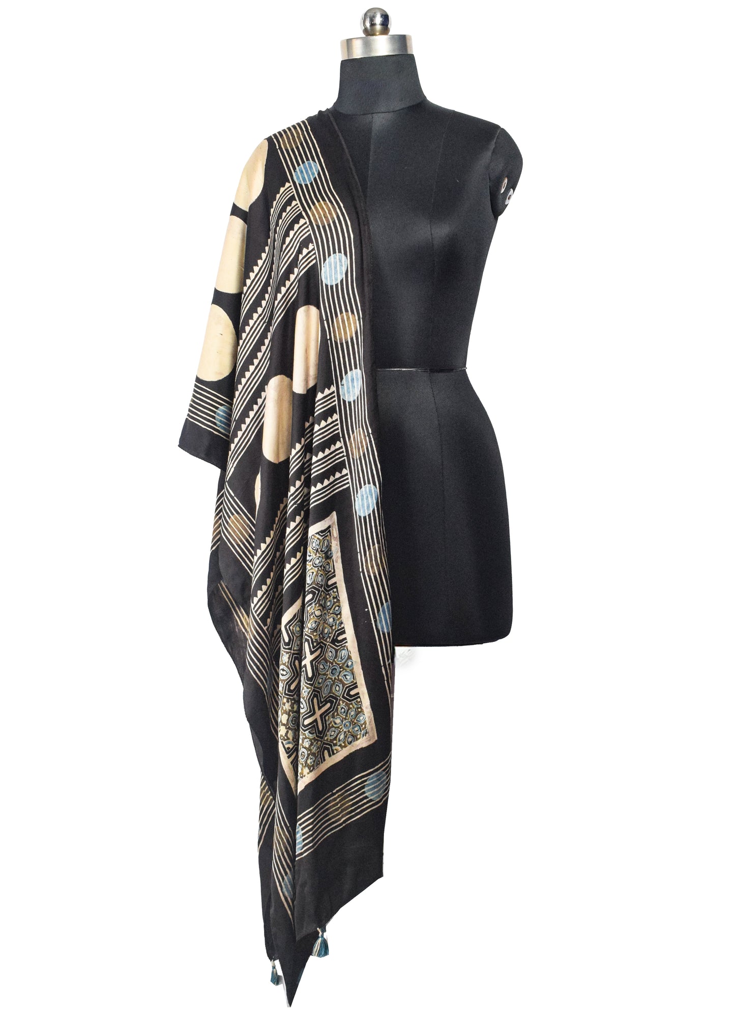 Ajrakh Modal Silk Natural Dye Hand Block Print Stole With Tassels - 2 Mtr Length    -  SKU : AI26901B